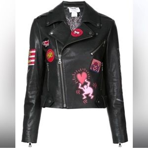 Alice and Olivia X Keith Haring "Cody Painted Embroidered Leather Jacket"